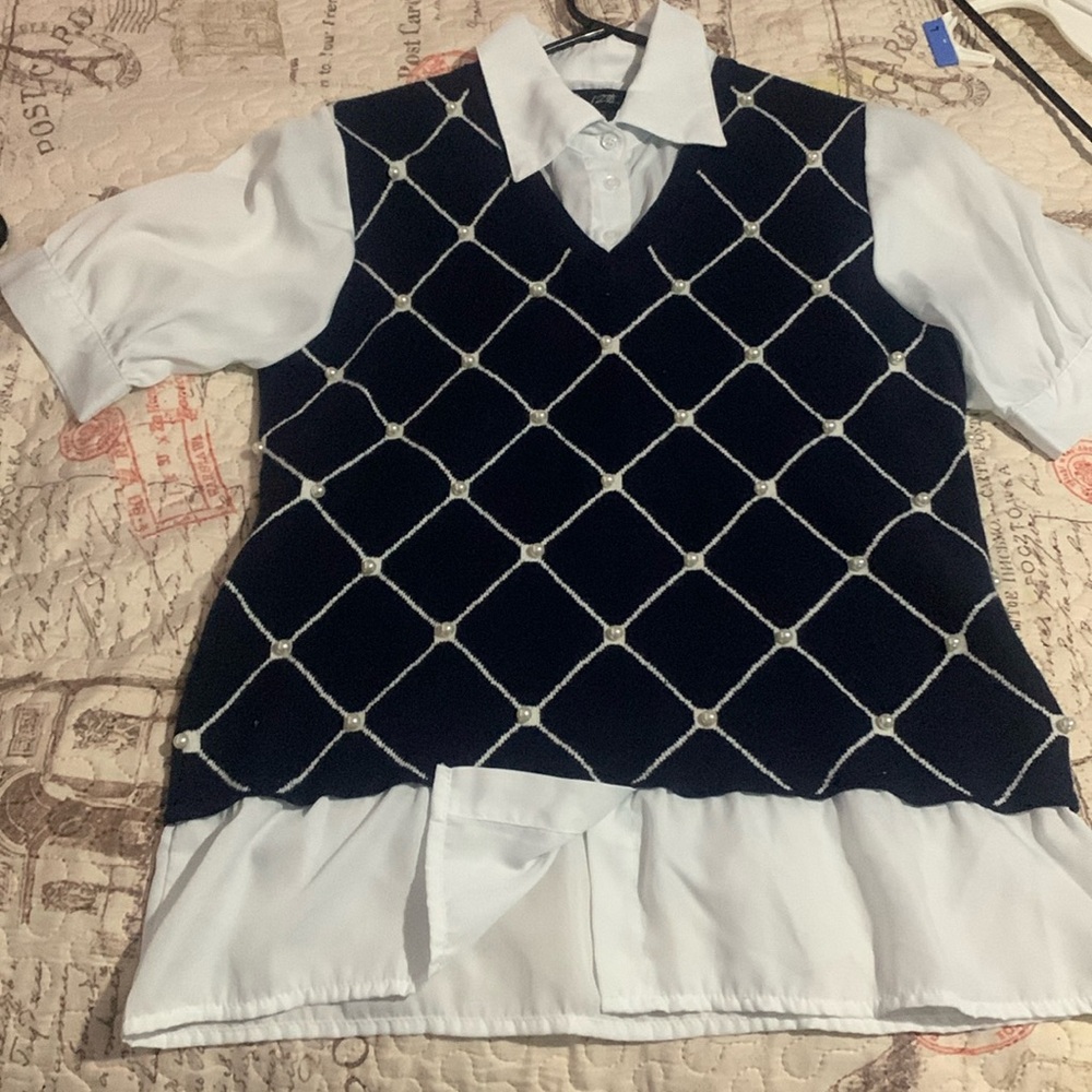 Navy Blue pearl Sweater Vest with built in button shirt